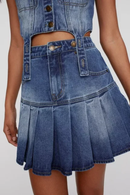 Denim Pleated Mini Skirt