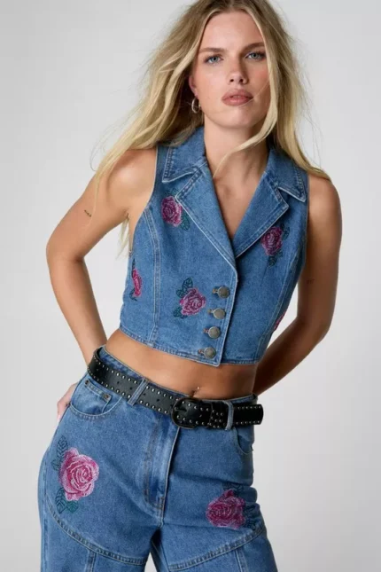 Rose Hotfix Denim Waistcoat